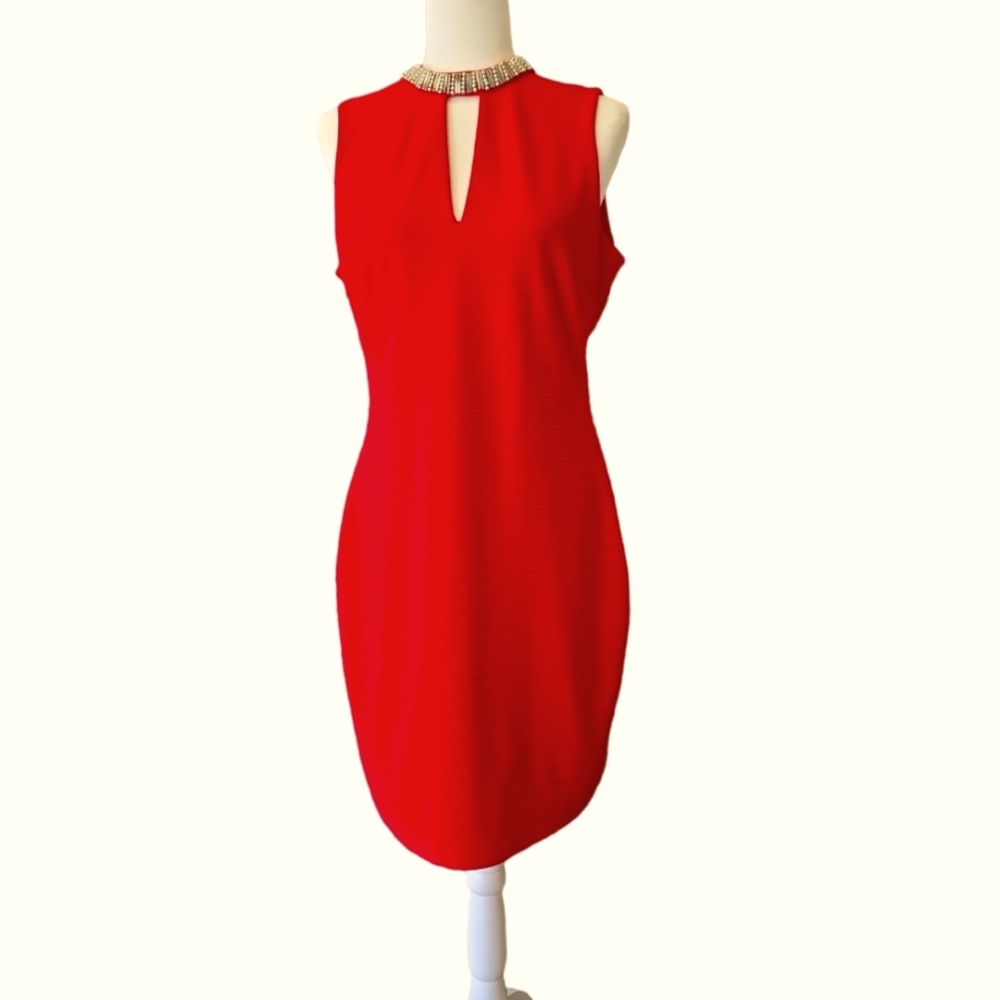 Guess red dress sz M silver embellished neckline sleeveless keyhole chest